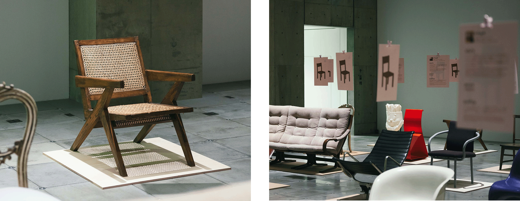 Close-up of a wooden chair displayed at Ginza Sony Park, its woven seat and sturdy legs emphasizing material texture and craftsmanship. Inside Ginza Sony Park, various chairs are evenly arranged beneath suspended panels, creating a quiet dialogue between design and space.